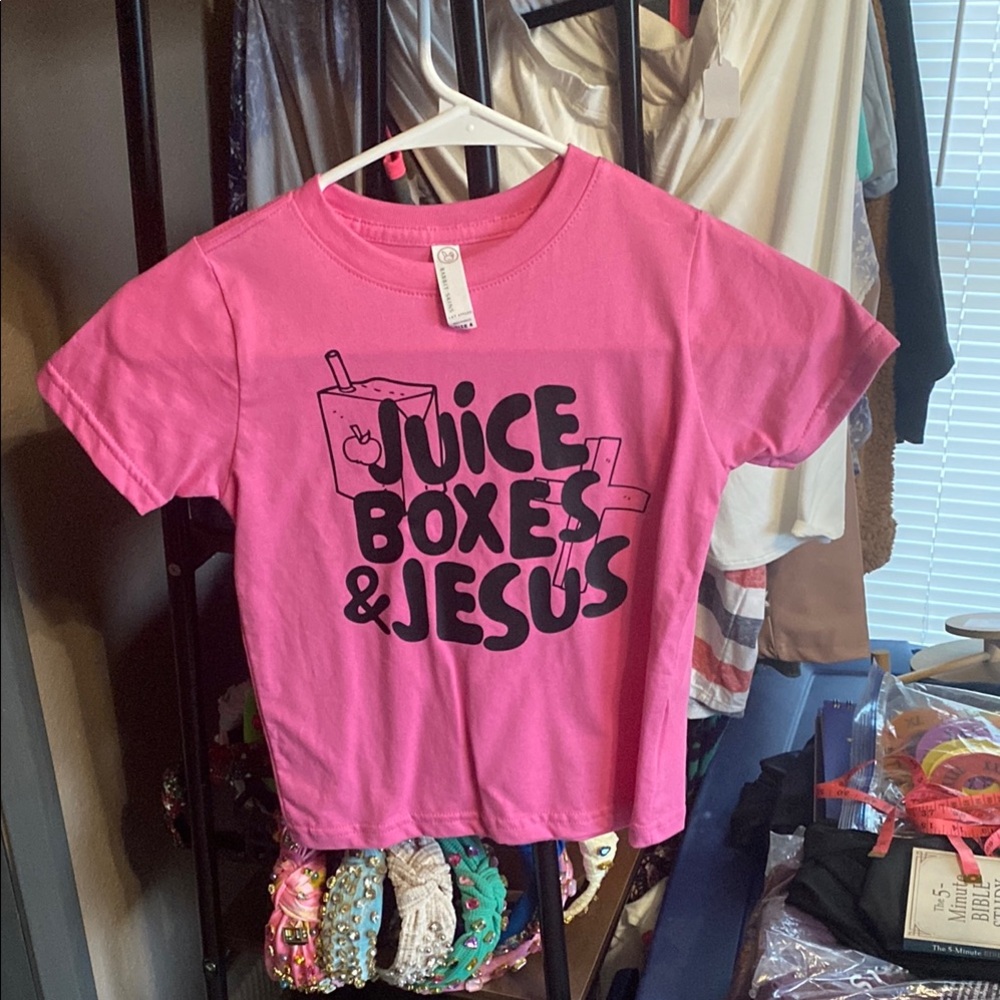 Pink Kids T-Shirt with Juice Boxes & Jesus Print